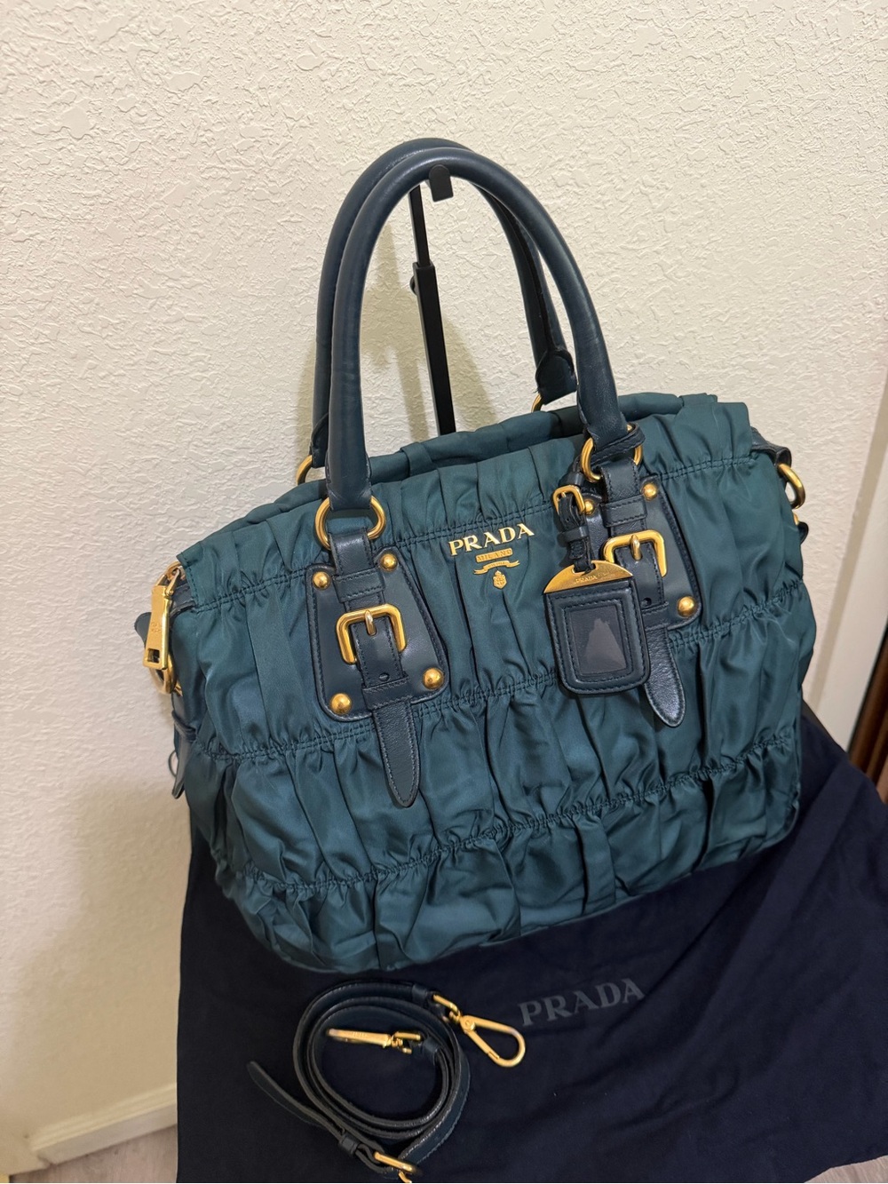 Prada Teal Ruched Nylon Satchel with Gold Hardware and Leather Trim - Picture 2 of 7